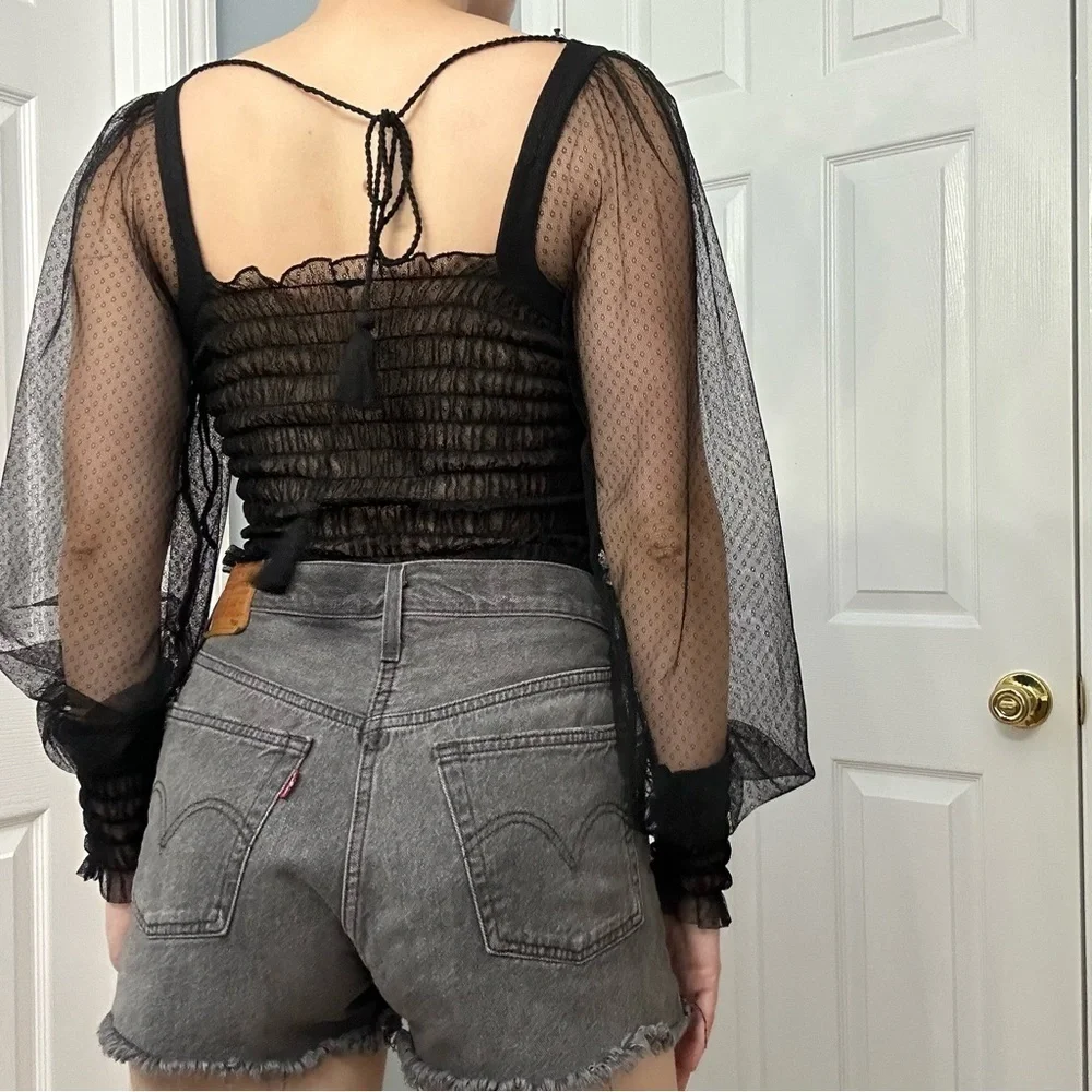 Free People Blouse Sheer Mesh Black Puff Sleeve Statement Sexy Size Extra Small